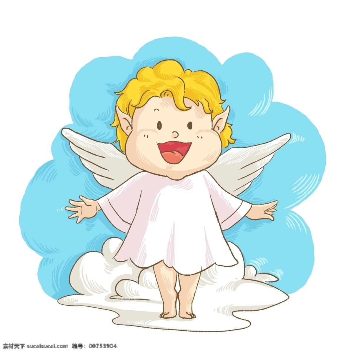 手绘 可爱 小 天使 卡通 形象 宝宝 玩耍 高兴 天堂