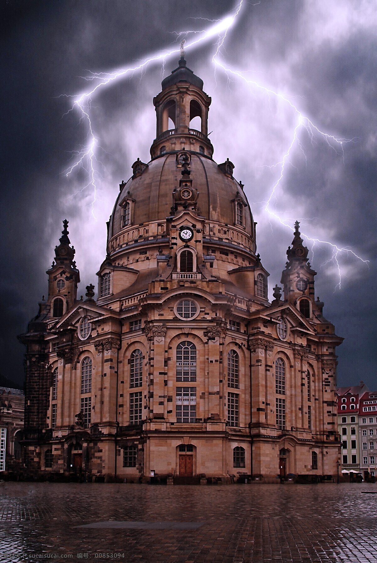 德国 萨克森 德累斯顿 圣母教堂 闪光 迅雷 雨 建筑 黑色