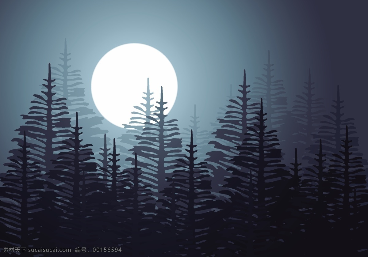 夜晚 树林 风景 树木 月亮 矢量素材 树