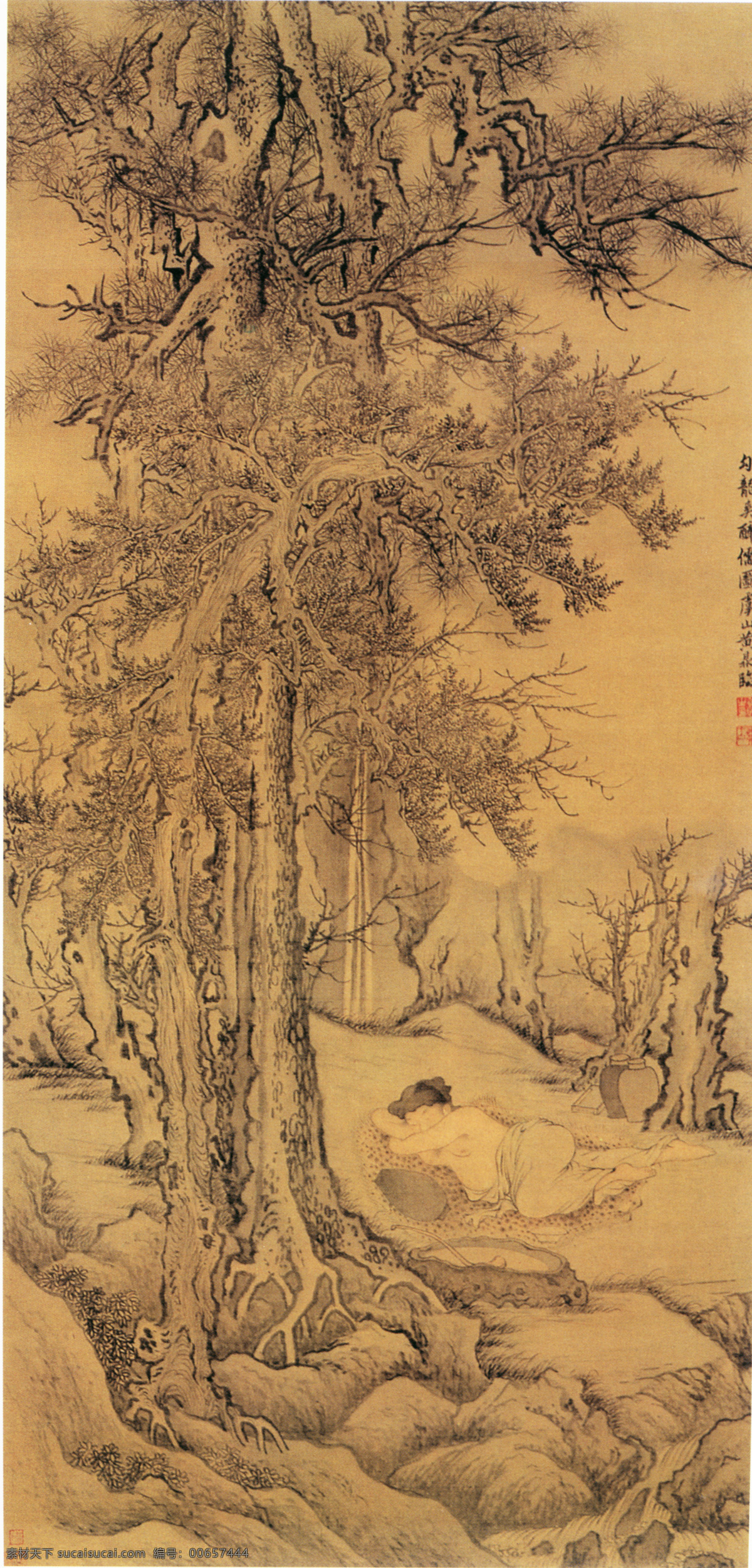 山水 名画 书画 醉 儒 图 名家 黄 鼎 古画 山水画 书画真迹 中国水墨画 醉儒图 名家黄鼎 立轴 绢本 设色 松柏参天 虬曲茂郁 勾龙爽醉儒图 虞山黄鼎临 文化艺术