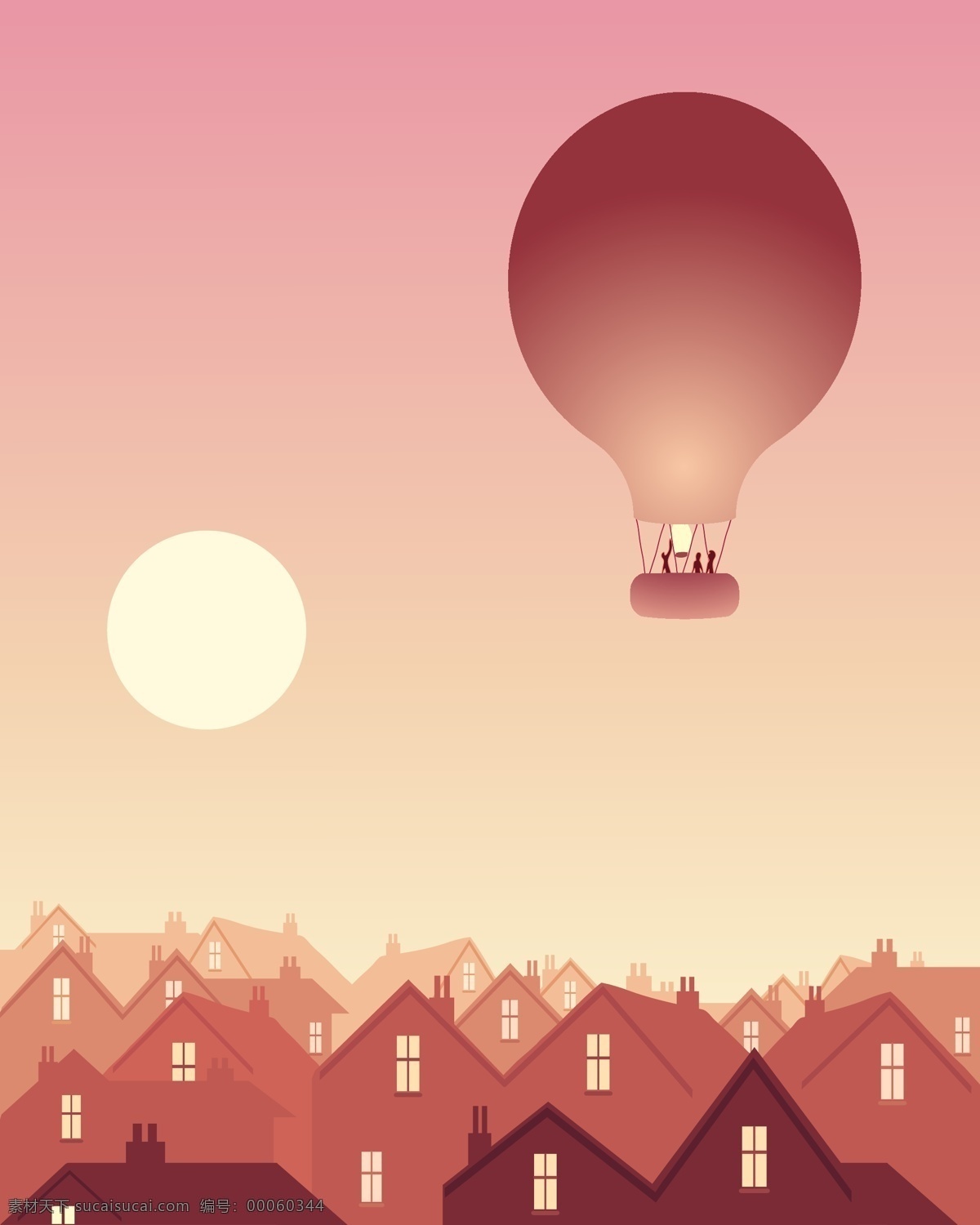 矢量 傍晚 城市 风景 房子 红色 落日 热气球 晚霞 矢量图 其他矢量图