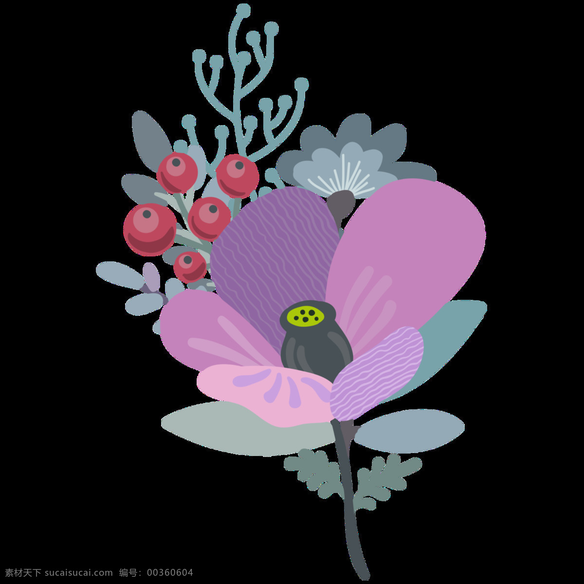 绽放 紫色 花卉 透明 卡通 抠图专用 装饰 设计素材