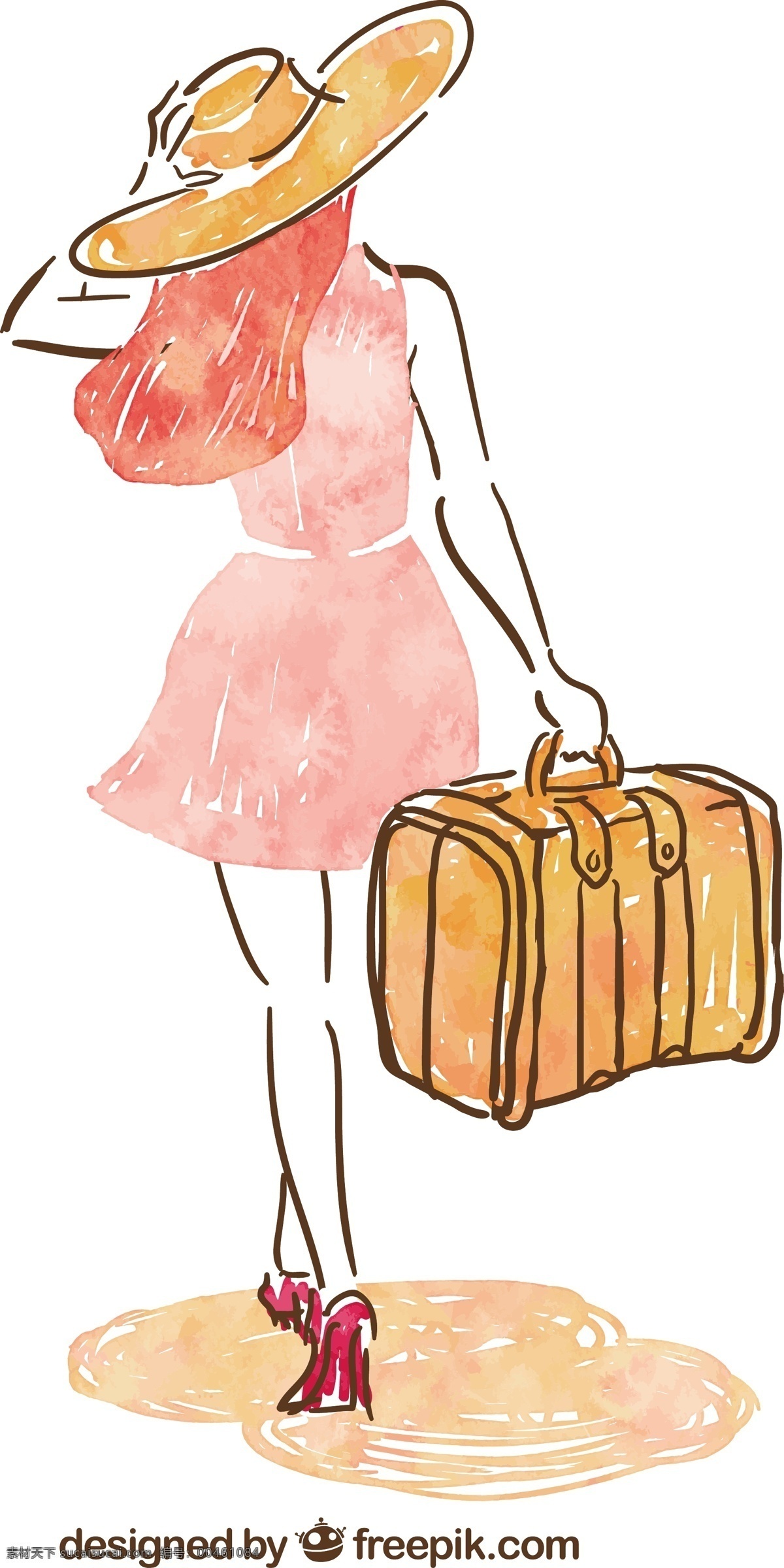 手 画 女人 手提箱 水彩画 旅游 旅行 手绘 白色