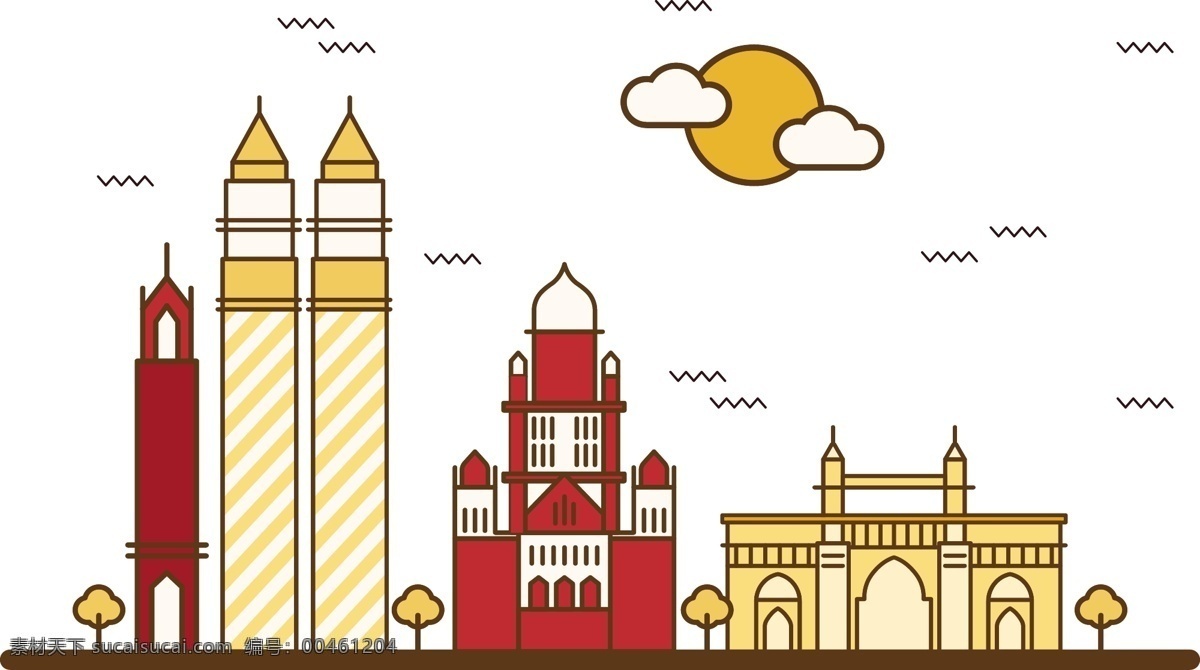免费 孟买 插画 矢量图 地标 印度 建筑 旅游 城市 景观 天际线 平面 背景 目的地 城市景观 现代 视图 摩天大楼