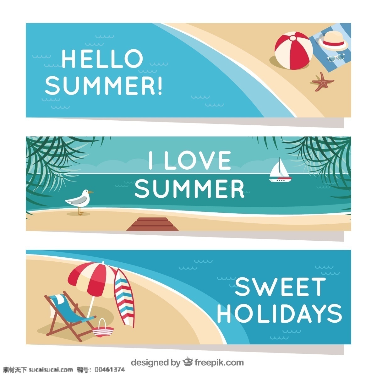 收集 三个 平坦 夏季 旗帜 海洋 海滩 横幅 颜色 假日 公寓 船 平面设计 装饰 度假 沙滩 夏季海滩 季节 三 项目