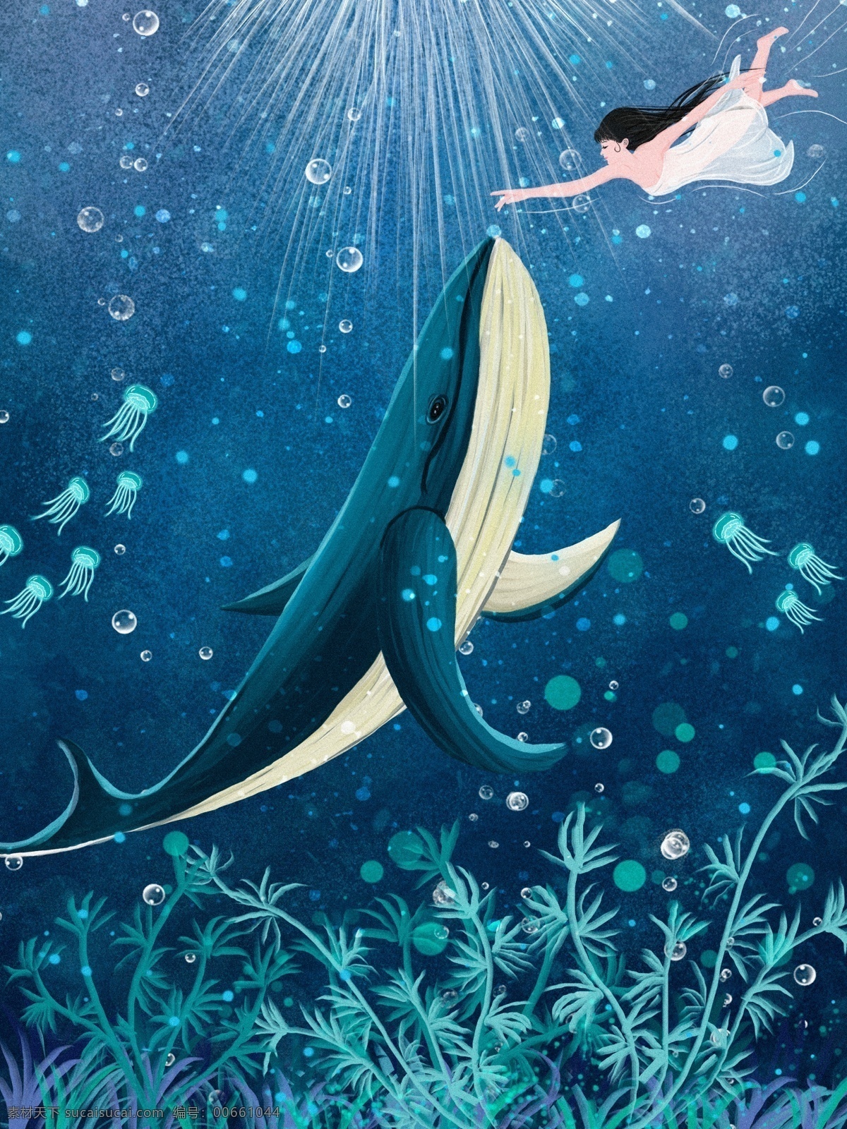 原创 深海 遇 鲸 情感 治愈 插画 蓝色 海洋 水泡 深海遇鲸 鲸鱼 水母 水草 海蓝时遇鲸 蓝鲸