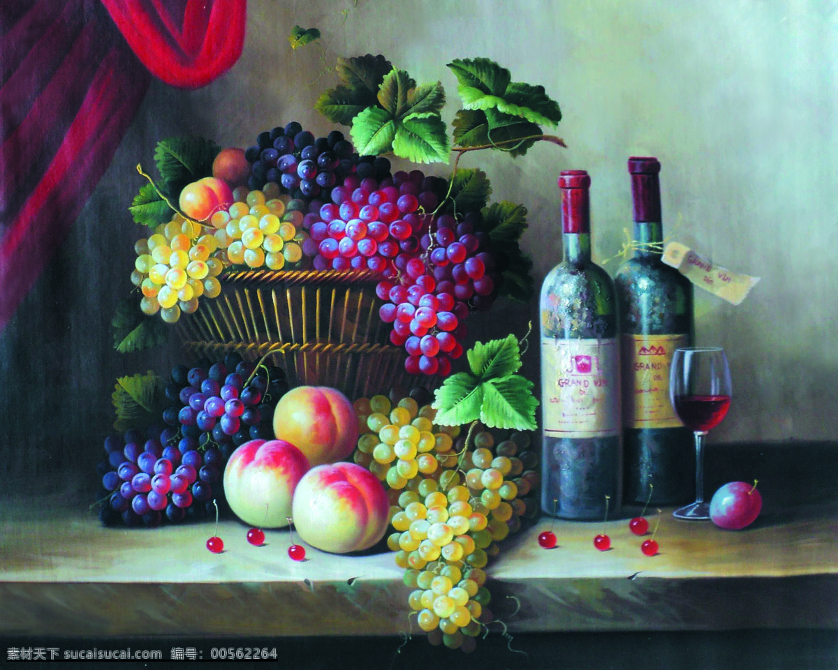 静物水果 美术 油画 静物画 葡萄 桃子 葡萄酒 油画作品83 文化艺术 绘画书法