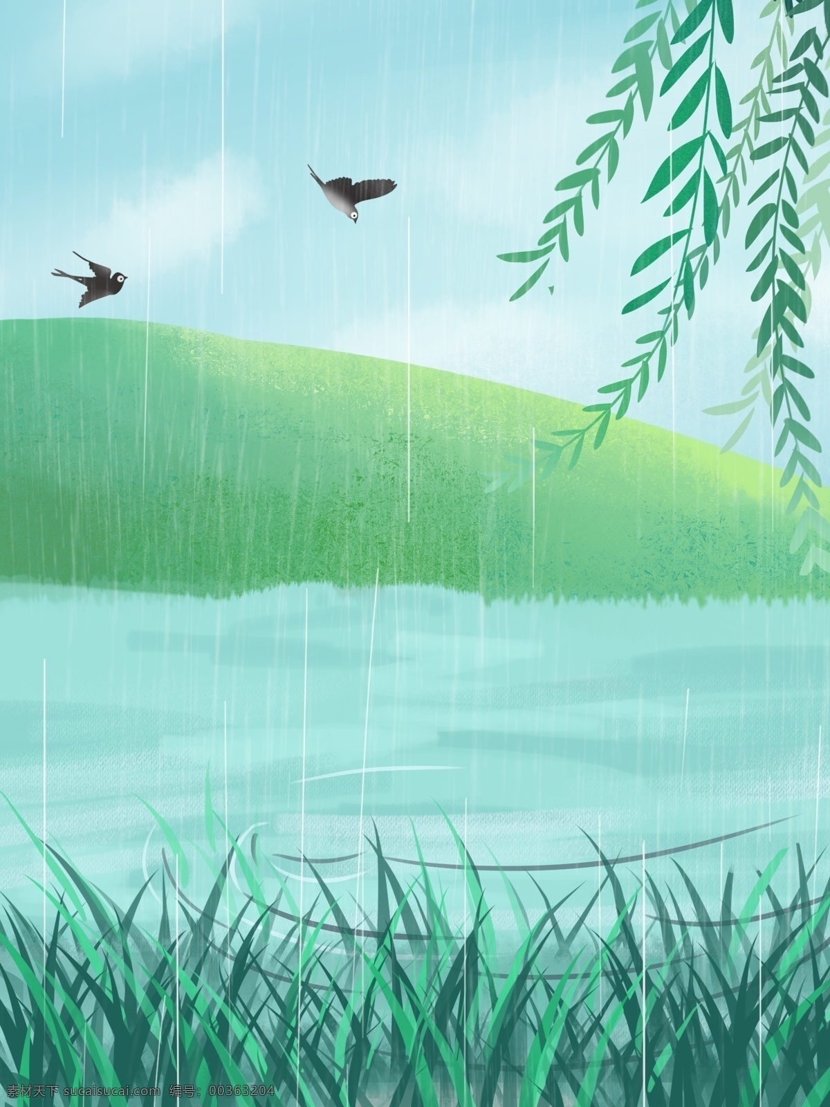 清新 雨季 柳条 池塘 背景 燕子 草丛 广告背景 背景设计 彩绘背景 背景展板 背景展板图 背景图