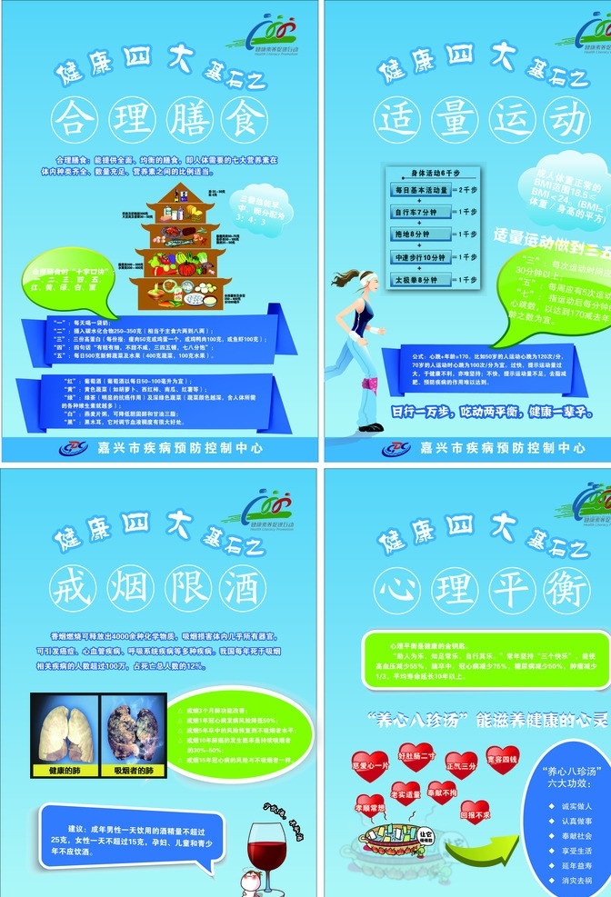 四大基石 医疗展板 合理膳食 适量运动 戒烟限酒 心理平衡 医疗保健 生活百科 矢量