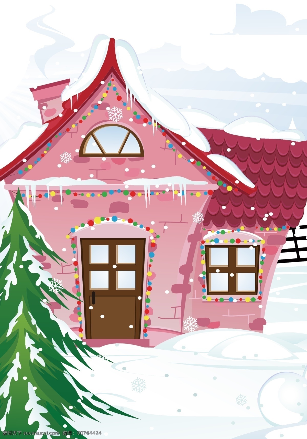 手绘 雪屋 背景 装饰 节日装饰 卡通 圣诞节 矢量背景装饰 树木 童趣