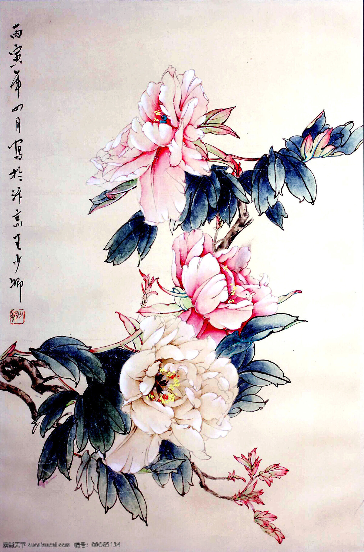 彩墨画 国花 国画艺术 红牡丹 花卉画 绘画 绘画书法 绿叶 牡丹图 美术 中国画 牡丹花 蜜蜂 书法 印章 国画集30 文化艺术 装饰素材 雕刻 图案