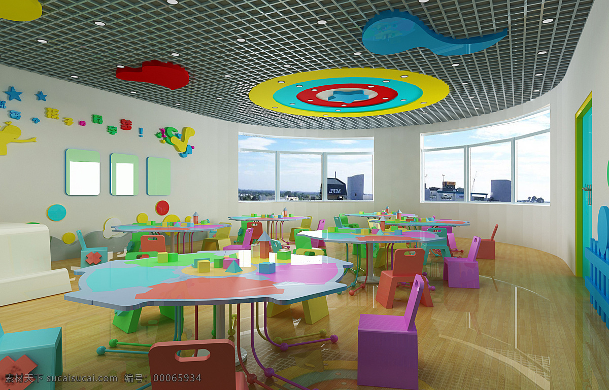 幼儿园 活动室 彩色 环境设计 室内设计 天花 幼儿园活动室 桌椅 家居装饰素材