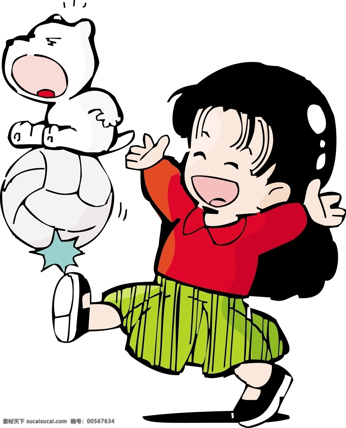 踢 足球 小女孩 小猫 卡通插画 踢足球 矢量 矢量图 矢量人物