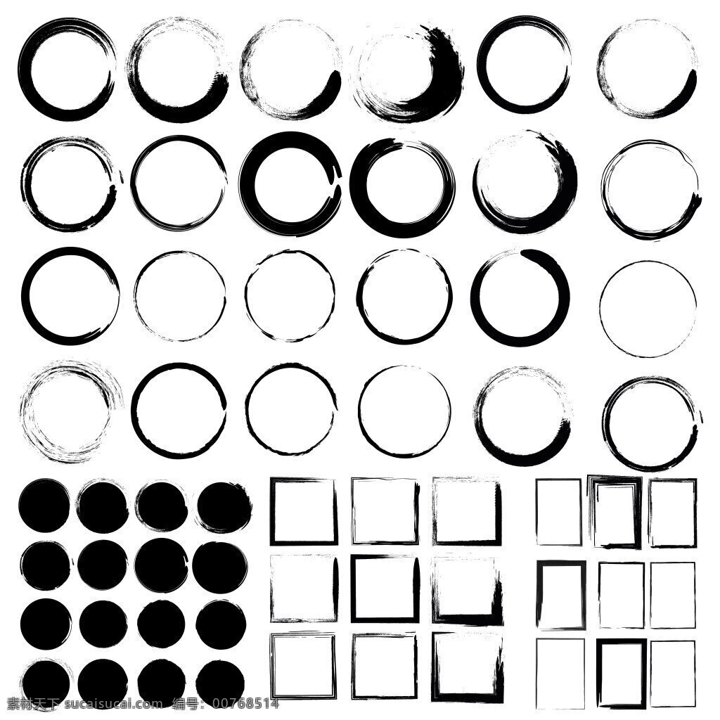 黑白 圆形 方形 边框 圆形边框 方形边框 水墨圆形 水墨元素 方框 黑点 圆点