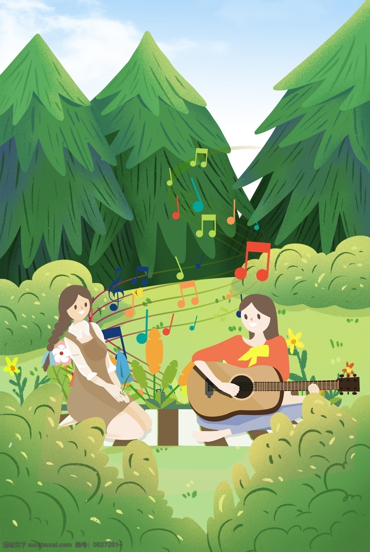 户外 协奏曲 音乐 海报 背景 野外 森林 花草树木 女孩 弹吉他 唱歌 歌唱 音符 律动