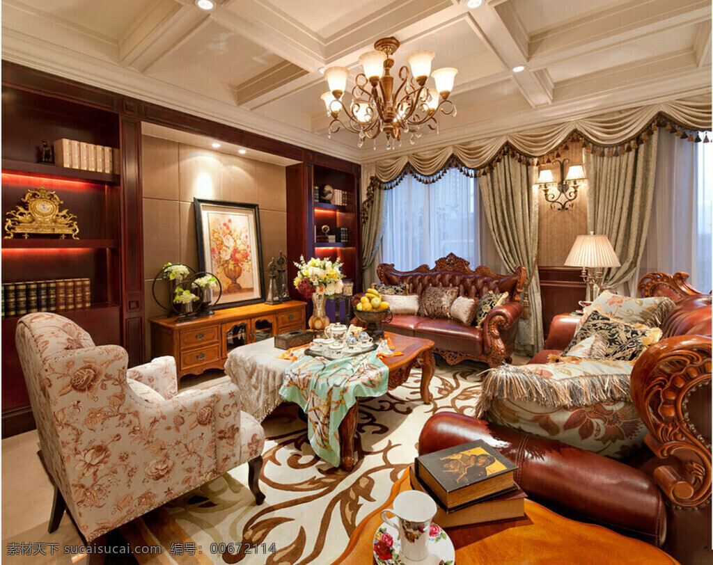 欧式 时尚 花纹 沙发 客厅 室内装修 效果图 客厅装修 碎花沙发 木地板 暖色吊灯