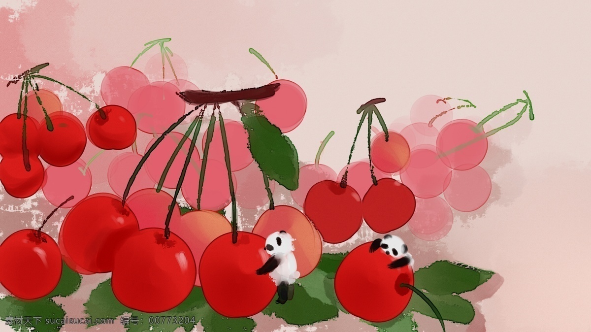 樱桃 熊猫 可爱 手绘 插画 团子 水果