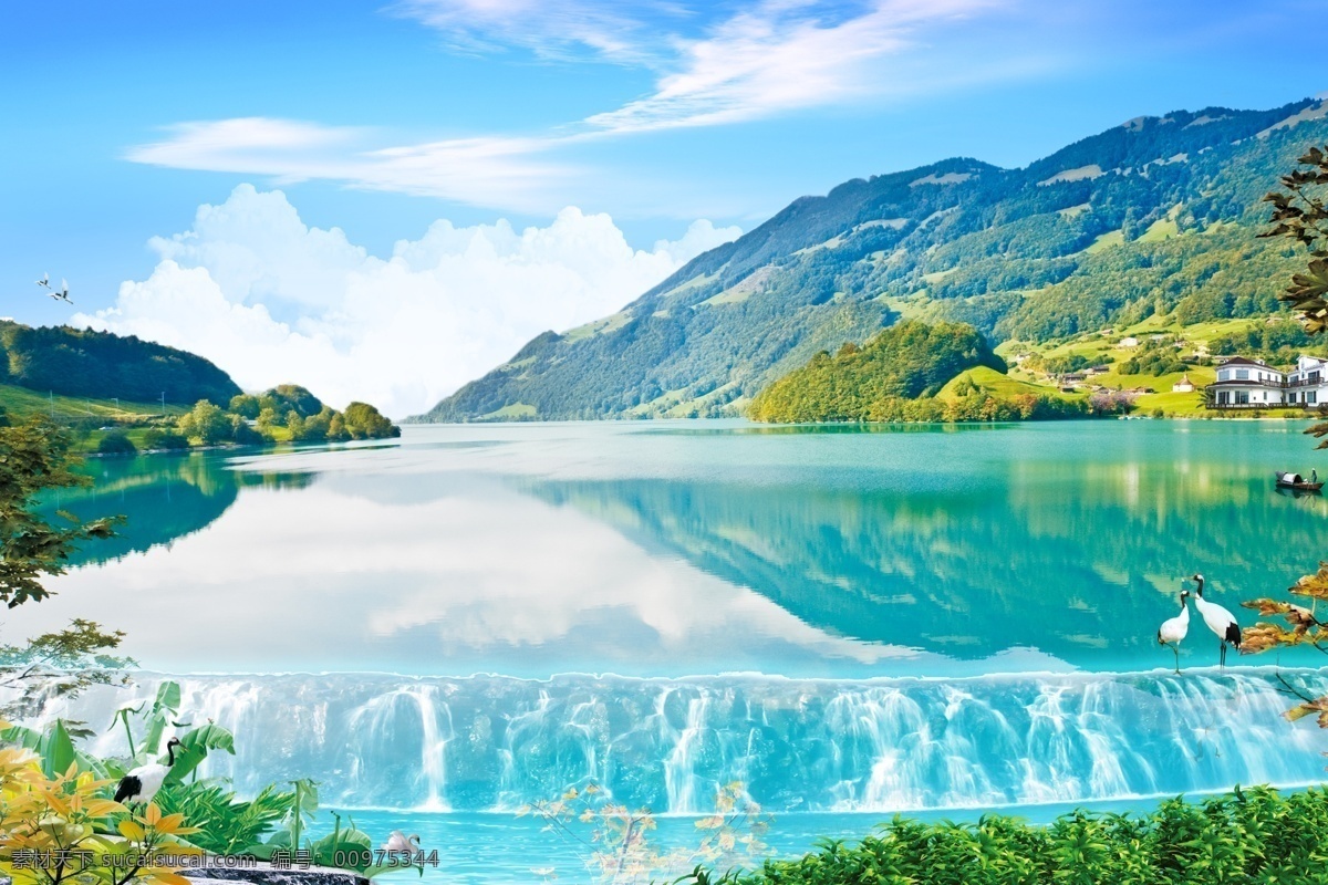 世外桃源 世外桃园 山清水秀 青山绿水 碧水蓝天 山水风景 人间仙境 自然风景 美景 景色 风景画 山水 风景 景观 山峰 群山 蓝天白云 远山 青山 水 湖水 清湖 清静的湖水 倒影 小屋 别墅 绿色 仙鹤 丹顶鹤 小树 树枝 分层 源文件