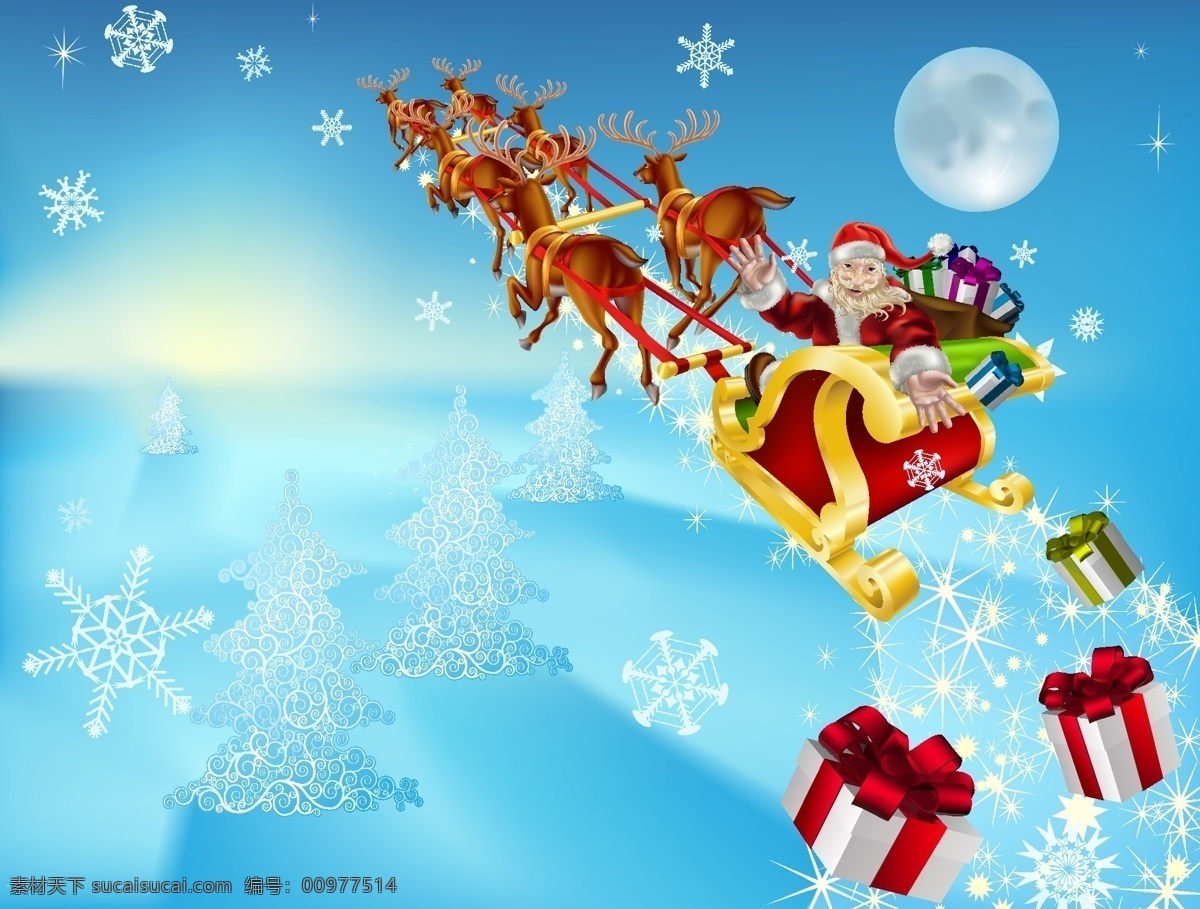 圣 塔克 劳斯 礼物 矢量 房子 礼品 麋鹿 圣诞节 圣诞老人 晚上 空运 圣克劳斯 克劳斯交货 向量 矢量图 其他节日