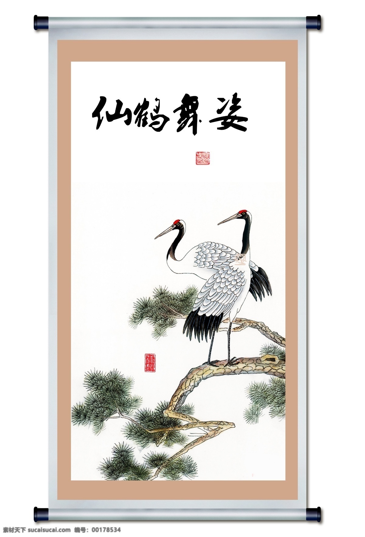 国画精品 国画 边框 画框 底纹 丹青 花鸟 仙鹤 松枝 分层 源文件