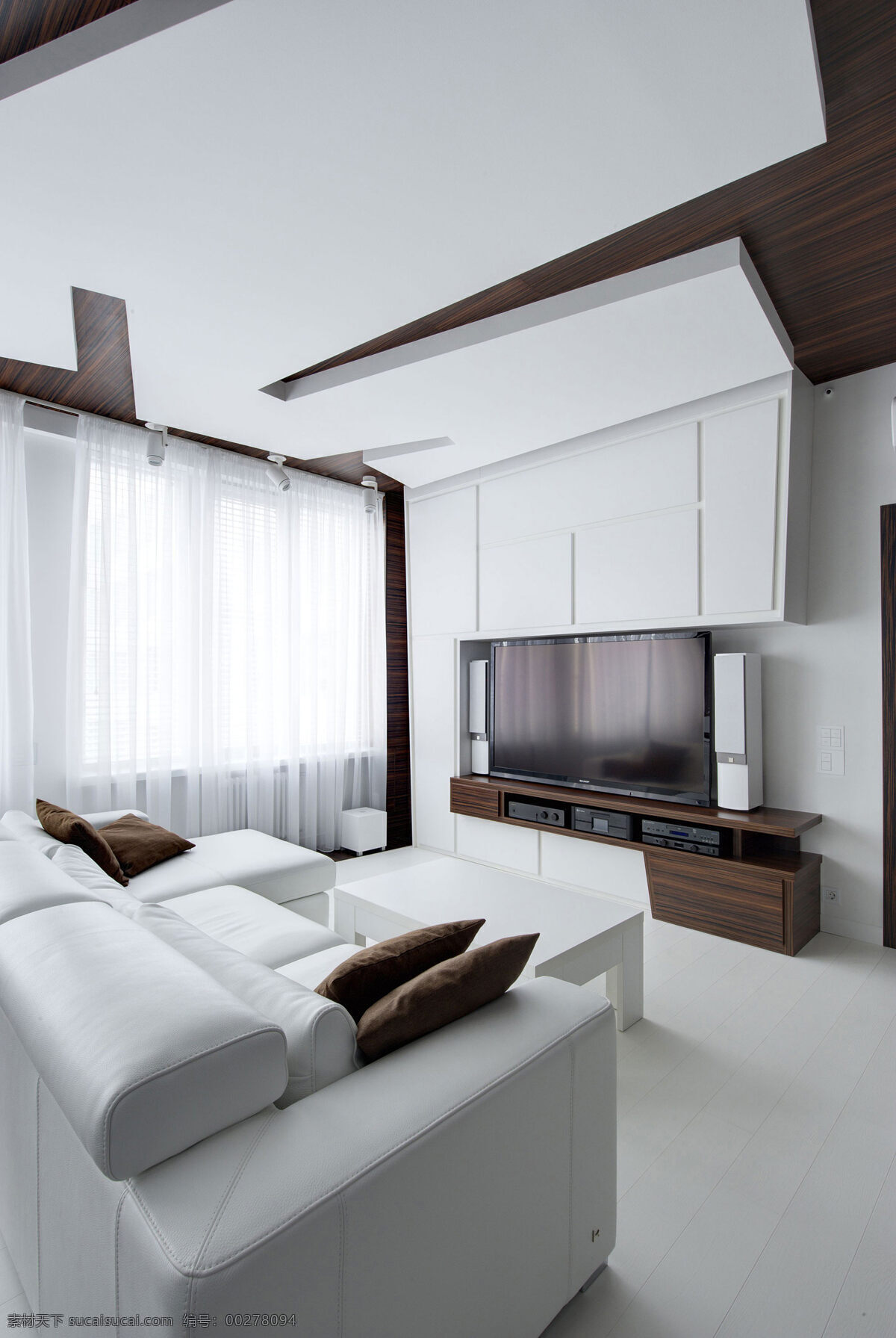 现代 高雅 客厅 褐色 木制 电视柜 室内装修 效果图 客厅装修 白色地板 白色茶几 白色背景墙
