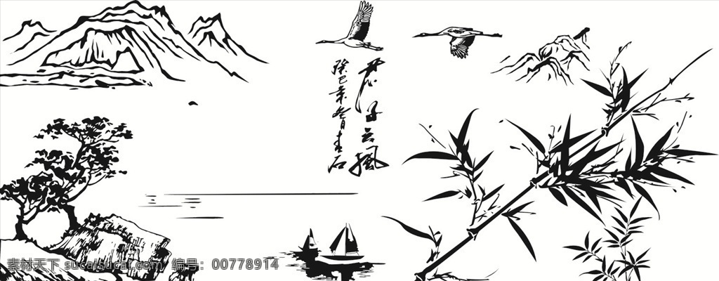 硅藻泥刻花 线条 花纹 竹子 山水 鸟 船