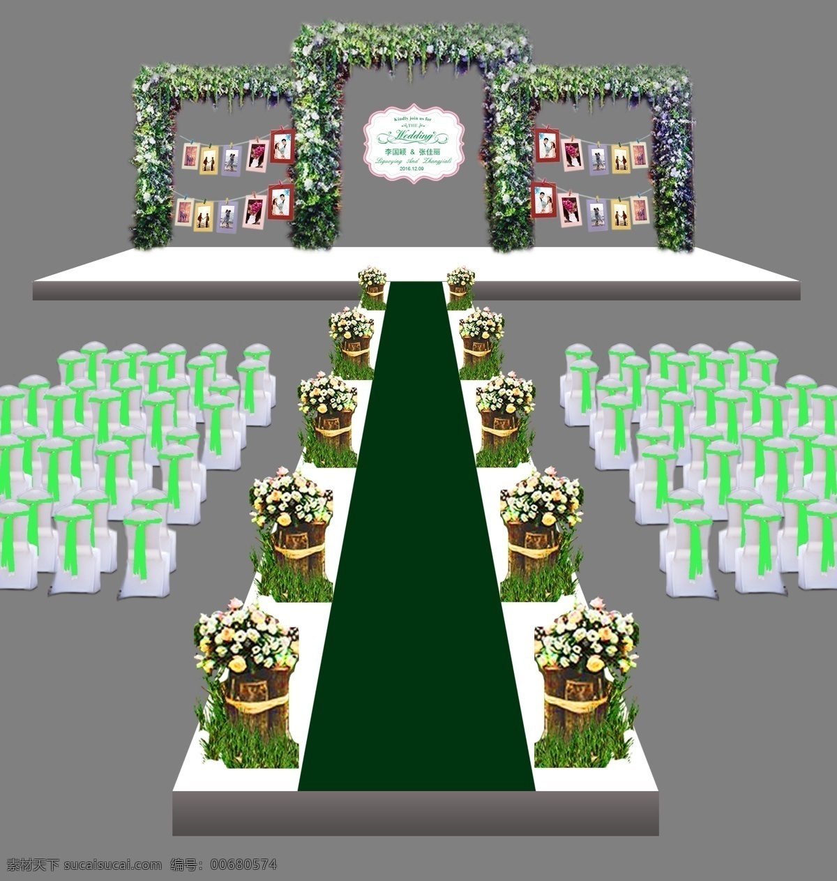 森林 系 户外 婚礼 效果图 森林系 绿色 粉色 木桩路引 绿色椅背 婚礼装饰 logo 牌