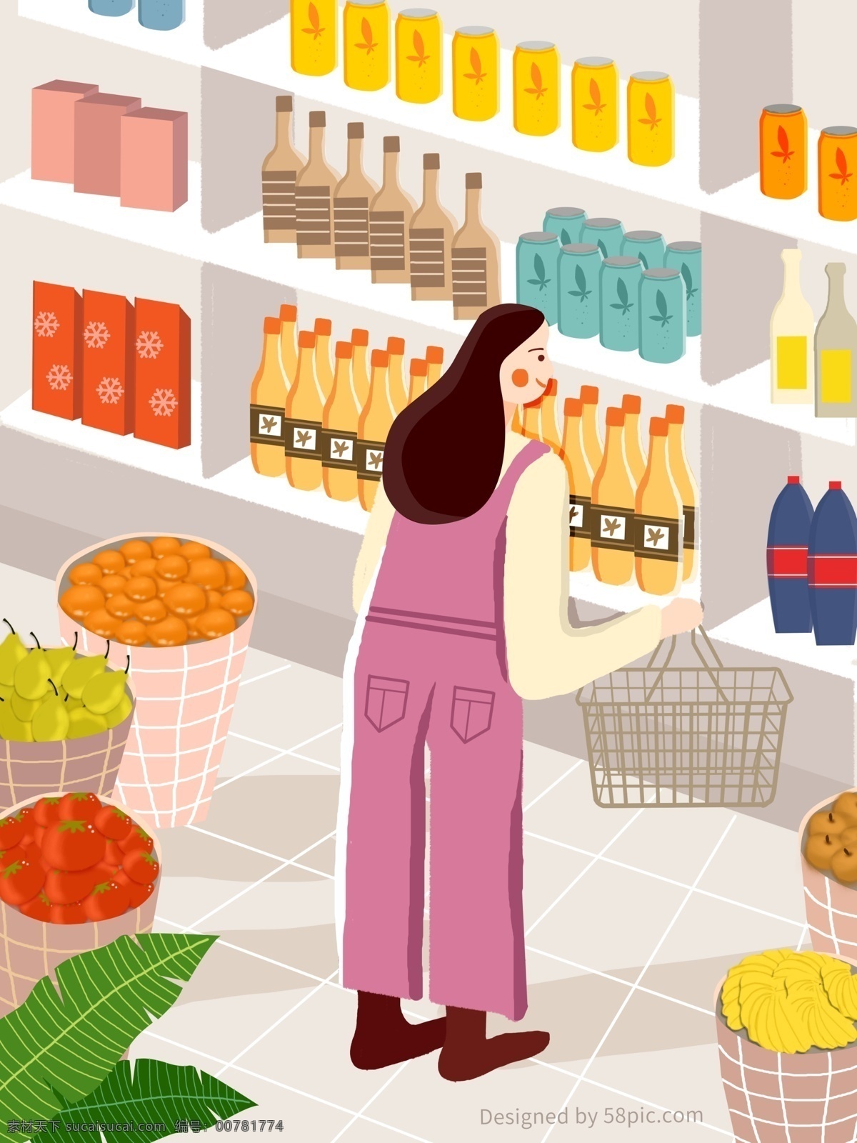 原创 超市 购物 女孩 扁平 插画 小清新 简约 扁平风 水果 货架 瓶子 购物场景