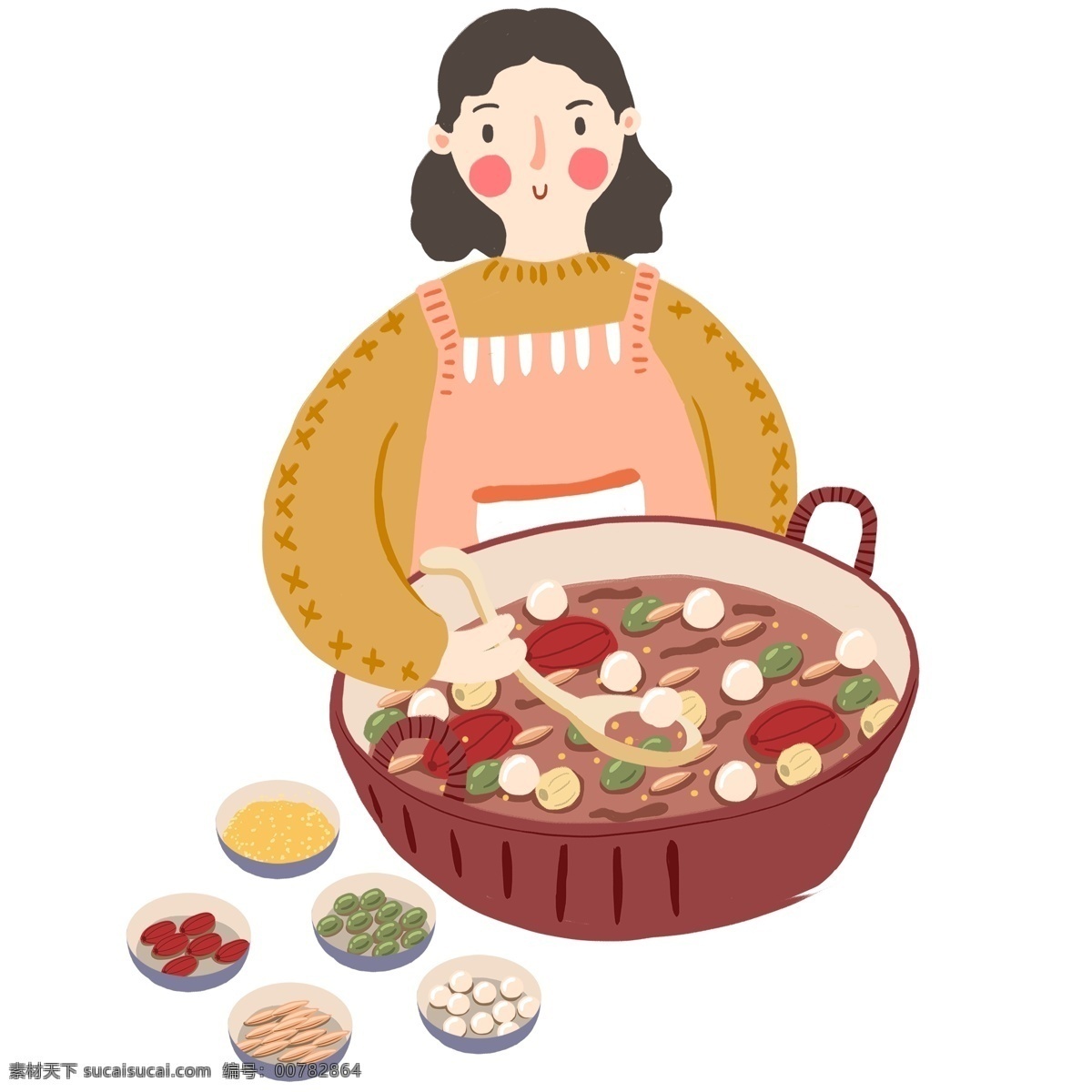 手绘 煮 腊八粥 女人 元素 卡通 插画 人物