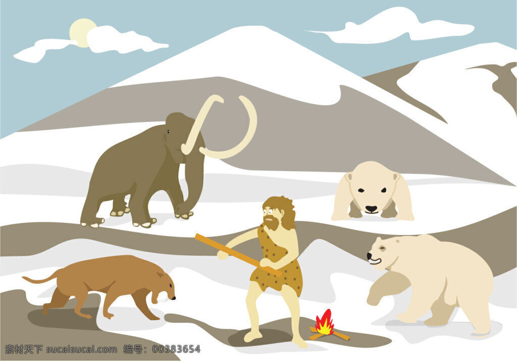 冰河时代 扁平 插图 冰 矢量素材 冰河时期 动物 动物素材 手绘动物 扁平插图 冰河时代插图 野人