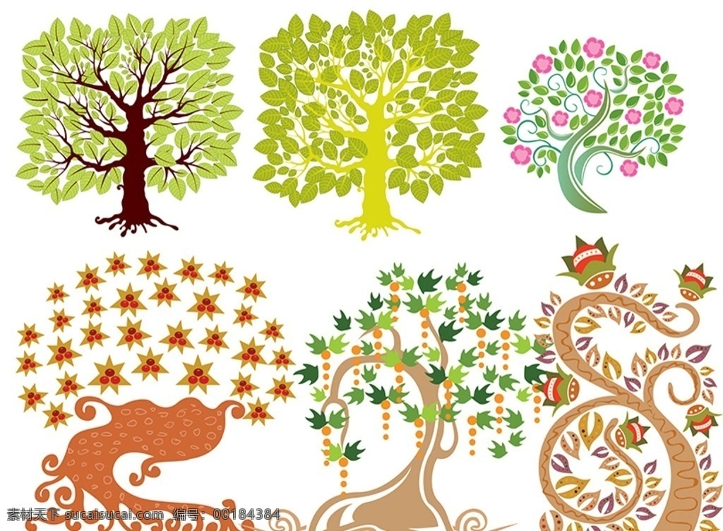 树素材 矢量树木 树木图案 树木插图 星星树 可爱树 彩色树 抽象树 果树 绿树 花卉植物 分层