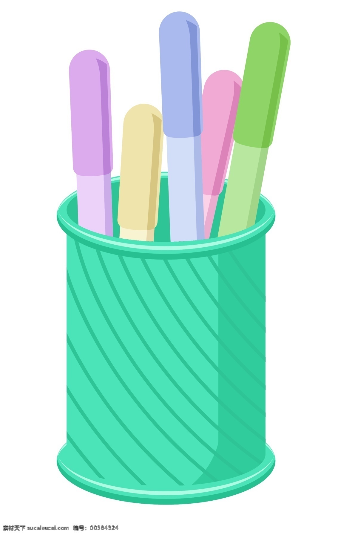 办公用品 笔筒 插画 绿色的笔筒 彩色的中性笔 卡通插画 上班用品 办公用具 办公器具