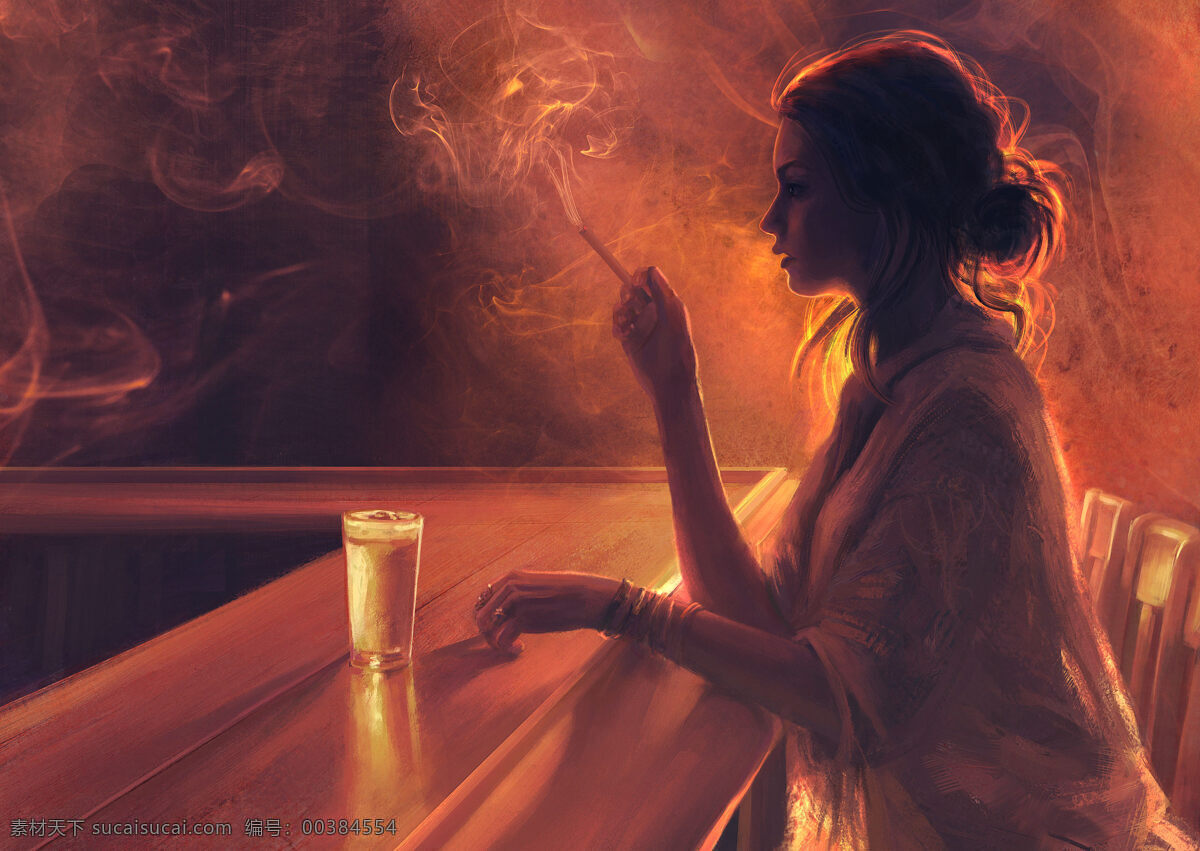 抽烟的女人 抽烟 女人 酒杯 吧台 桌面 设计素材 文化艺术 绘画书法
