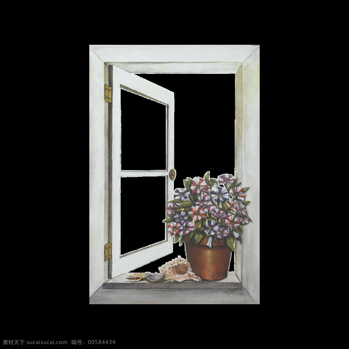 手绘 花盆 窗户 元素 彩色 花朵 盆栽 白色 格子 清新 空气