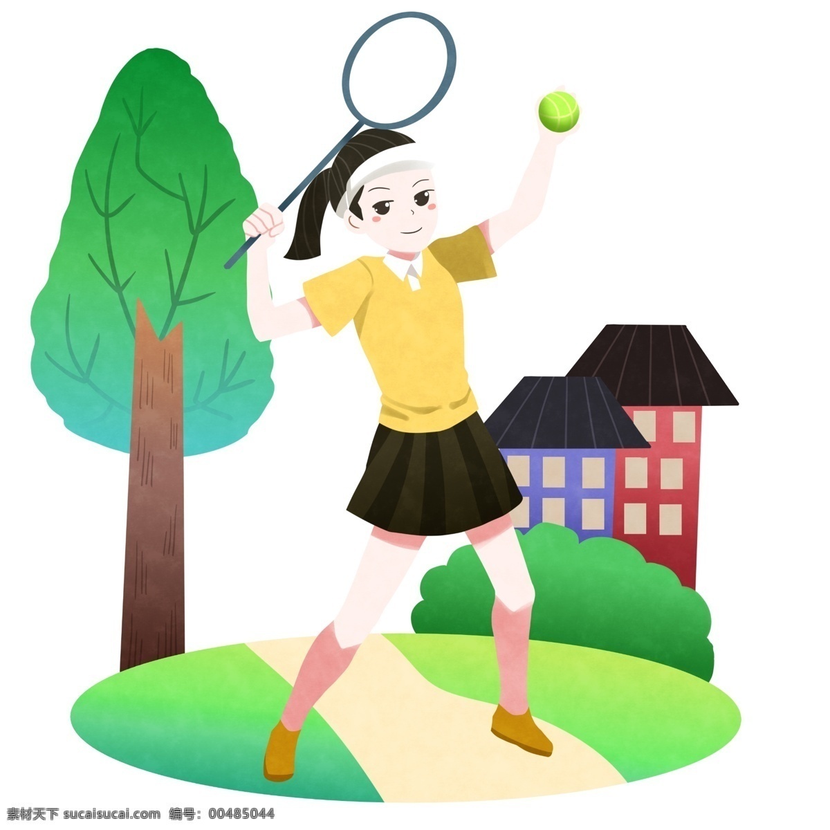 网球 运动 插画 打网球插画 运动插画 健身运动 卡通插画 锻炼身体 体育运动 绿色的大树