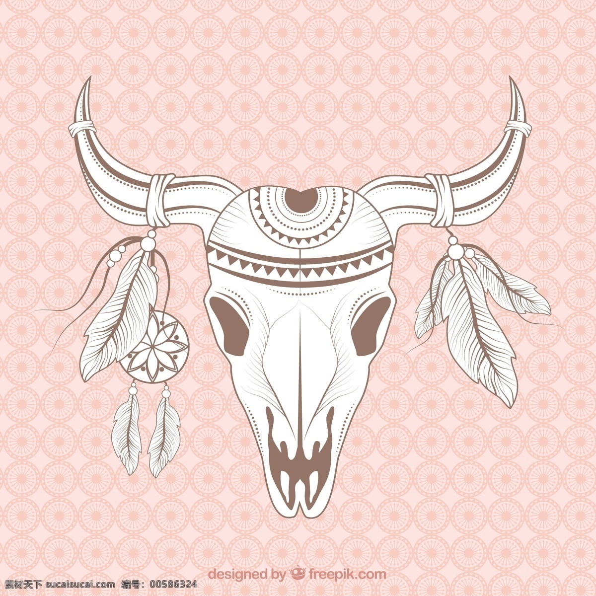 民族动物头骨 一方面 动物的头骨 手绘 印度 绘画 民族 手工绘图 绘制的 粗略的 粉色