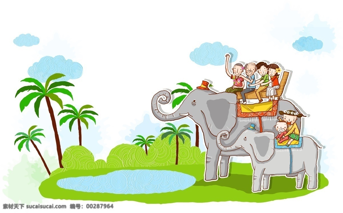 骑 大象 幸福 家庭 泰国 旅游 草地 小溪 椰子树 插画 水彩 背景画 卡通 图画素材 童话世界 背景素材 卡通人物 儿童 儿童世界 卡通设计 幼儿卡通 矢量卡通插画 矢量素材 其他矢量 矢量