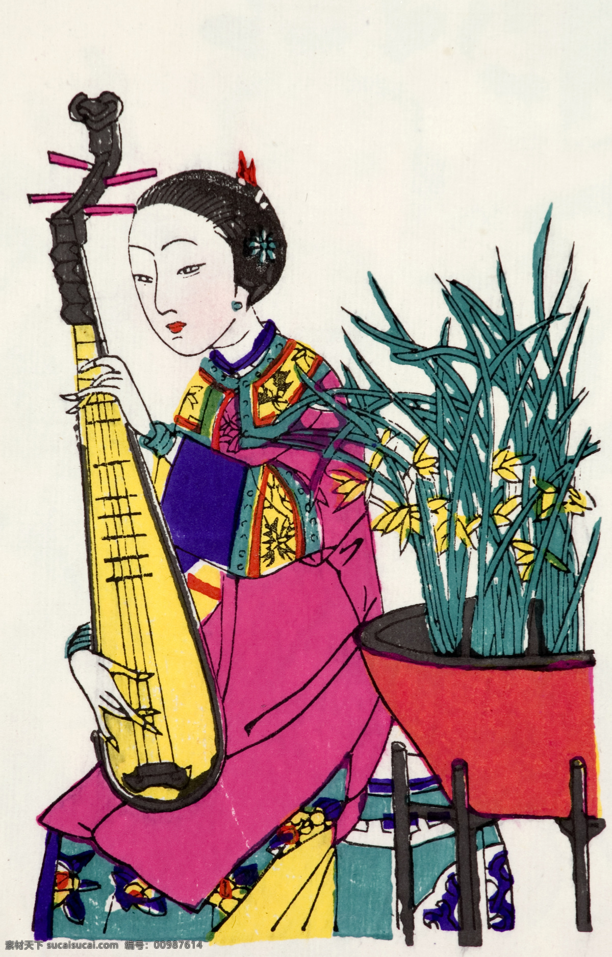邮票年画之一 琵琶有情 桃花坞 年画 邮票年画 传统图片 桃花坞图片 传统文化 文化艺术