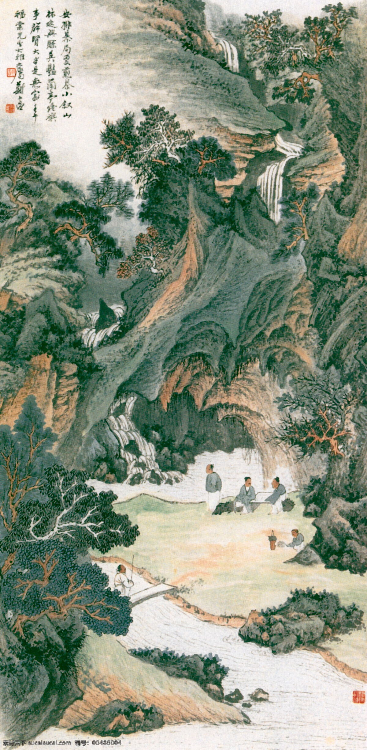 群贤 大半 无家 图 河流 绘画 瀑布 山 山峰 树木 水墨画 溪水 小河 云雾 植物 奇峰