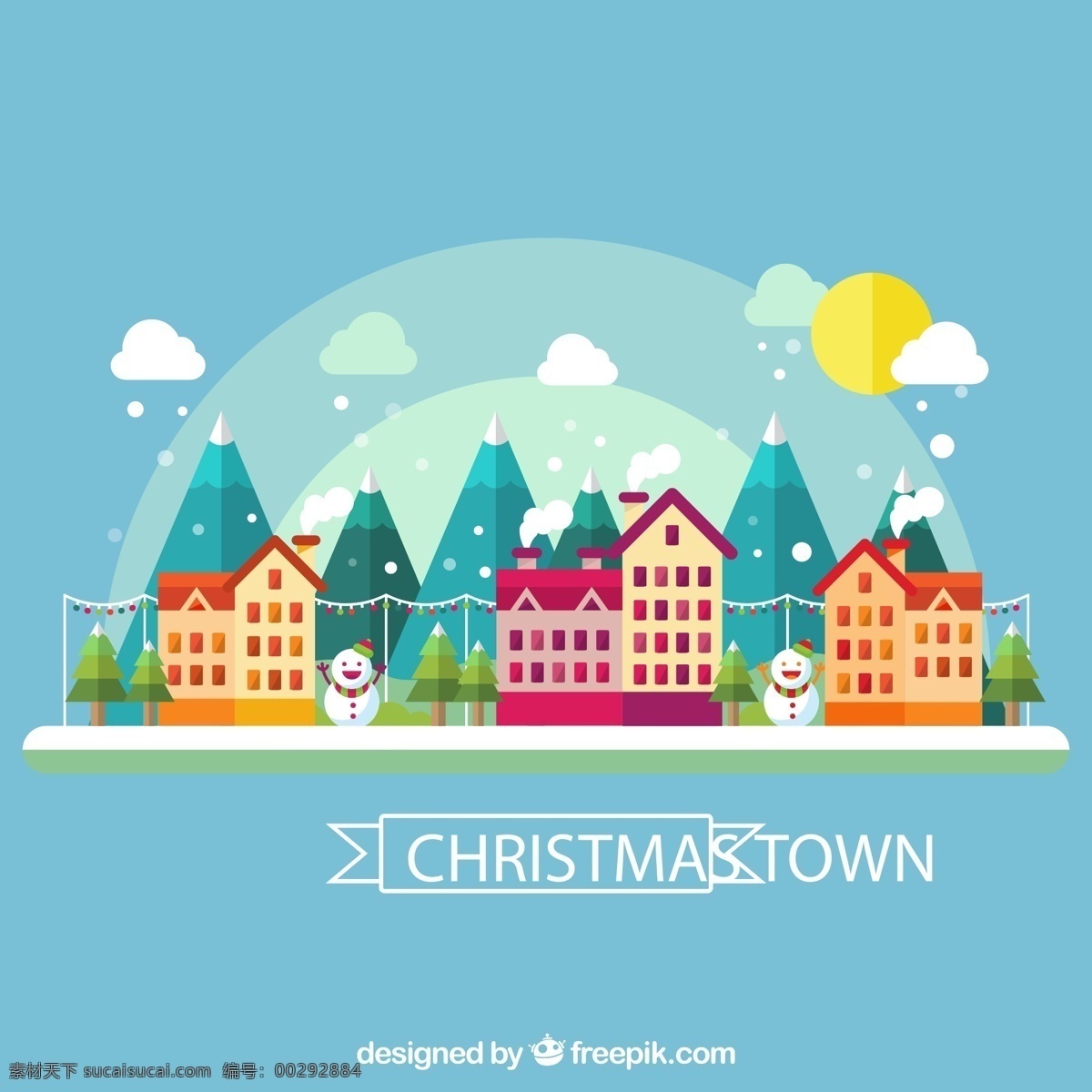 扁平化 城市 建筑 风景 圣诞节 雪人 矢量 高清图片