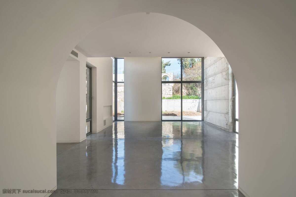 简约 时尚 大厅 拱形门 装修 效果图 白色墙壁 窗户 灰色地板砖 落地窗