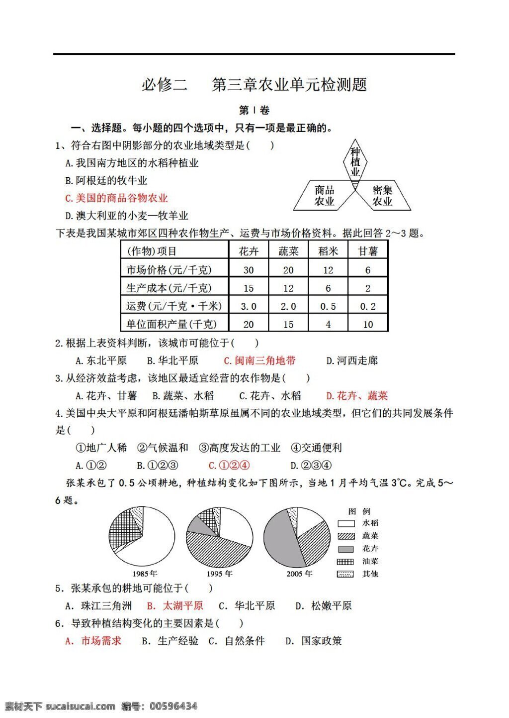 地理 人教 版 高一 必修 二 三 单元 农业 地域 形成 试题 答案 人教版 必修2 试卷