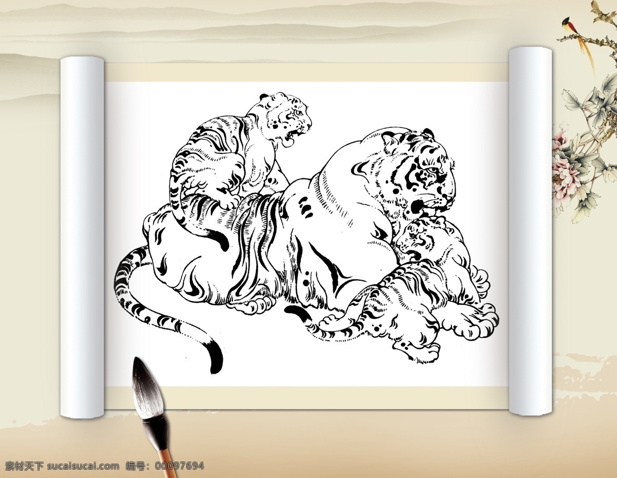百兽 王 白描 图 分层 动物 动物图案 儿童画 虎 虎年 简笔画 卡通 纹样 图案 老虎 源文件 装饰素材 室内装饰用图