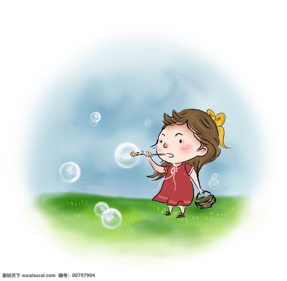 春天 手绘 春游 女孩 夏天 幼儿园 公园 游戏 儿童 草地 树林 郊外 绿色 插画 女生 吹泡泡