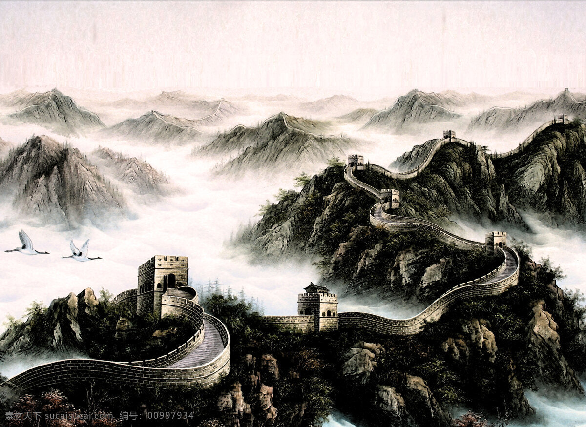 长城壁画 长城 壁画 艺术 文化 国画 精粹 旅游 景点 古典 浓雾 八达岭 文化艺术 绘画书法 设计图库