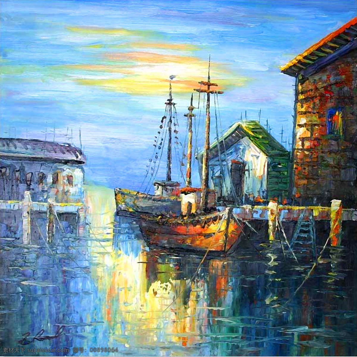 抽象派 码头 渔船 风景 油画 篇 海面 油画篇 装饰素材