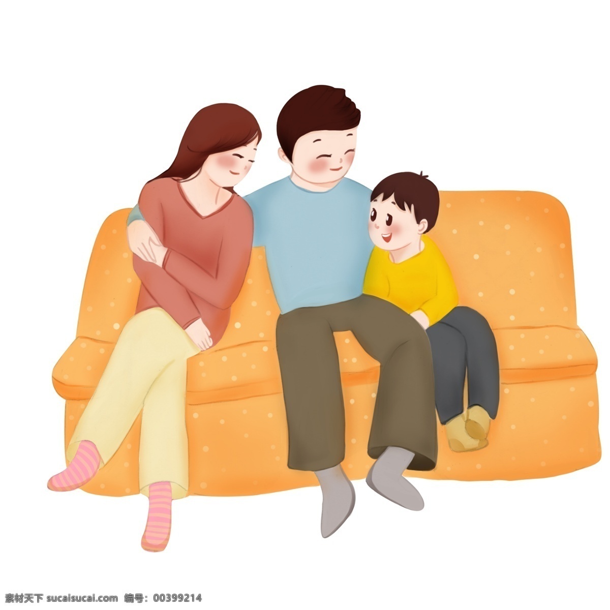 手绘 团聚 拥抱 插画 幸福的一家人 卡通插画 黄色的沙发 慈祥的父母 抱 一起 家人 手绘团聚插画