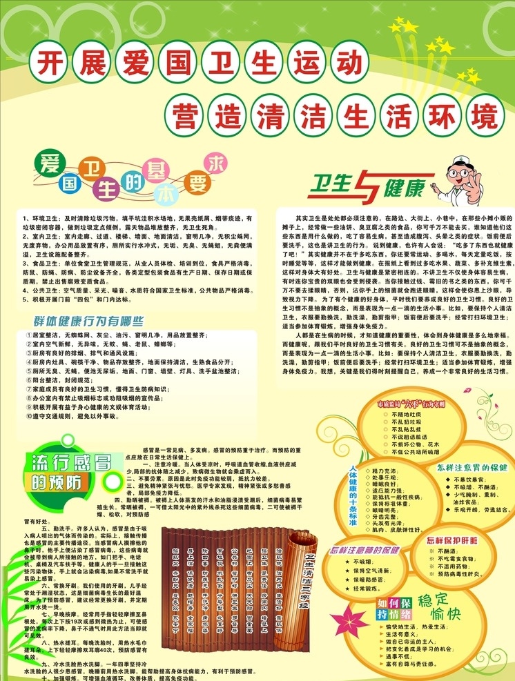 爱国卫生 学校展板 校园文化 学生宣传知识 卫生与健康 流行感冒预防 健康十条标准 卫生三字经