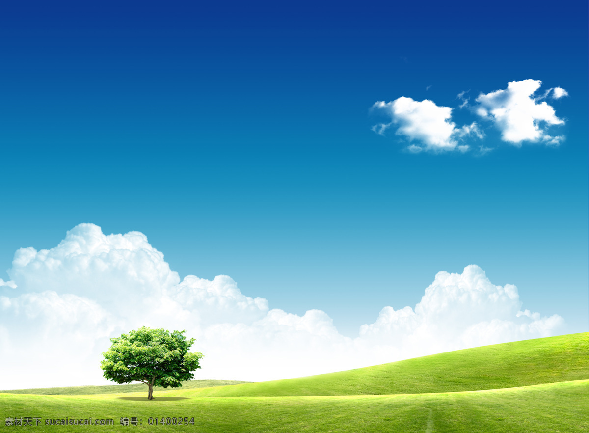 蓝天大地 绿地 草地 大地 小树 白云 飘云 天空 自然景观 自然风光 设计图库