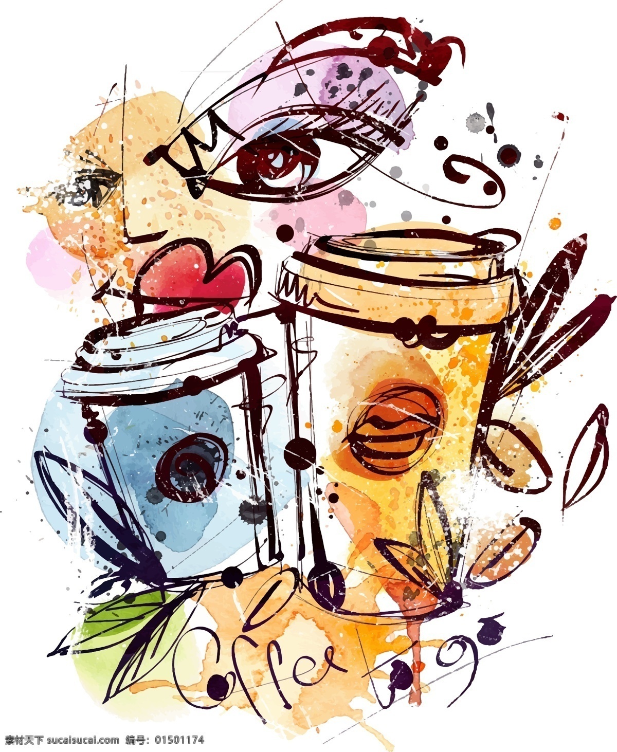 涂鸦 咖啡 杯子 插画 艺术 时尚 手绘 咖啡豆